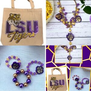 LSU bundle, earrings, stack bracelets and canvas tote bag